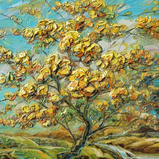 Painting titled "Golden Bougainvillea" by Yap Kim Boon, Original Artwork
