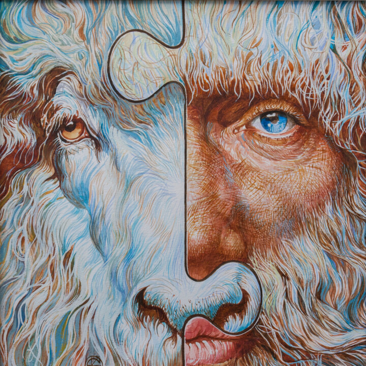 Pintura intitulada ""Shepherds and Shee…" por Yaroslav Kurbanov, Obras de arte originais, Aquarela Montado em Outro painel r…