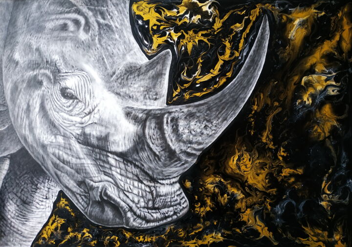 Painting titled "Rhinoceros" by Yaroslav Teslenko, Original Artwork, Oil