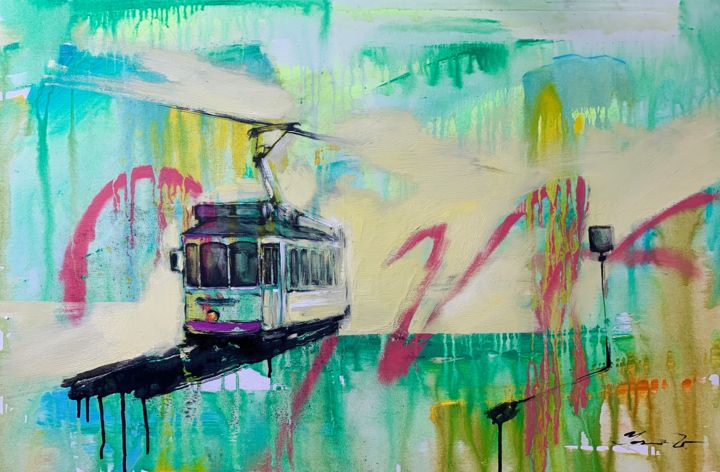 Картина под названием "Lisbon evening" - Yaroslav Yasenev, Подлинное произведение искусства, Акрил Установлен на Подрамник
