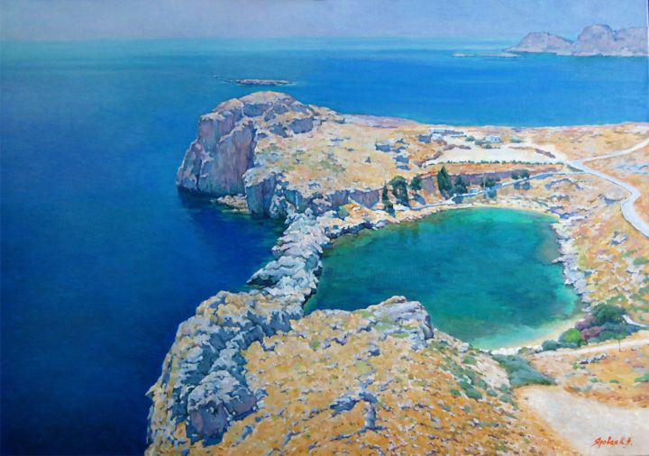 Painting titled "Emerald lagoon. Rod…" by Ksenia Yarovaya, Original Artwork, Oil Mounted on Wood Stretcher frame