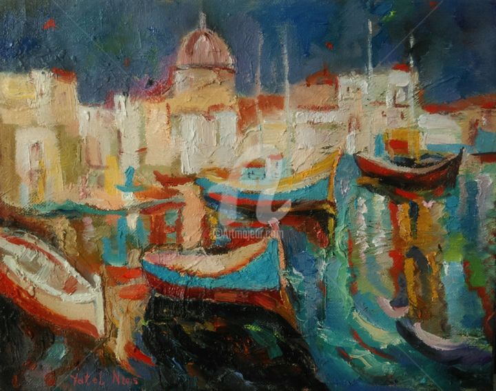 Peinture intitulée "Evening boats, refl…" par Nataliya Yatel, Œuvre d'art originale, Huile