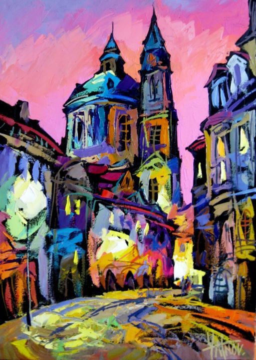 Картина под названием "Night Prague" - Sergey Yatnov, Подлинное произведение искусства, Масло