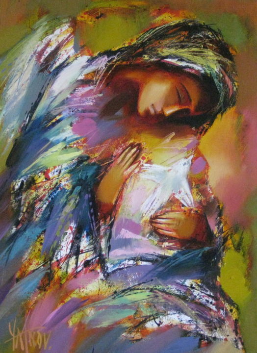 Painting titled "angel with bird" by Sergey Yatnov, Original Artwork, Oil