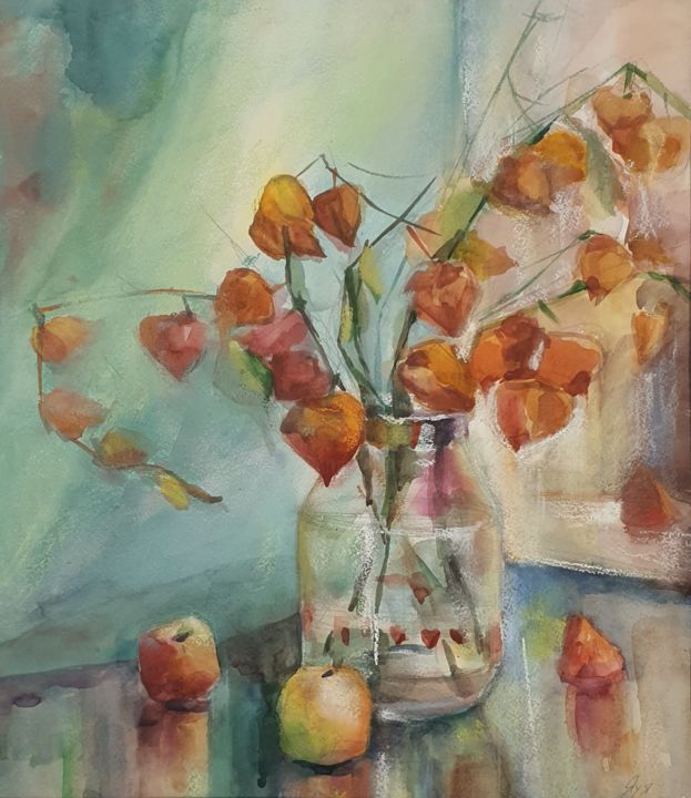Картина под названием "Физалис и яблоки" - Наталья Вдовиченко, Подлинное произведение искусства, Акварель