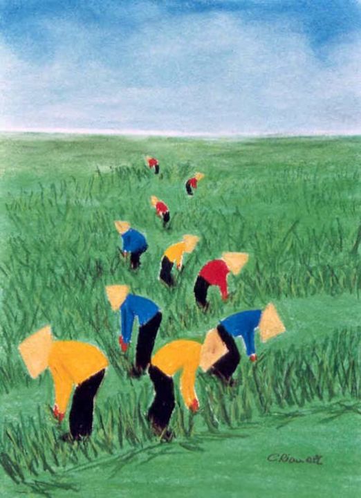 Peinture intitulée "Cueillette du riz" par Ycrina, Œuvre d'art originale,