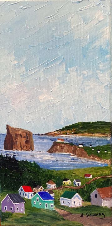 Painting titled "En montant à Percé" by Yves Downing, Original Artwork, Acrylic Mounted on Wood Stretcher frame