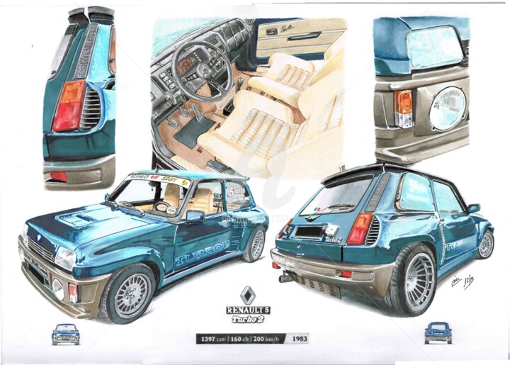 Рисунок под названием "Renault 5 Turbo 2" - Dessinludo, Подлинное произведение искусства, Карандаш