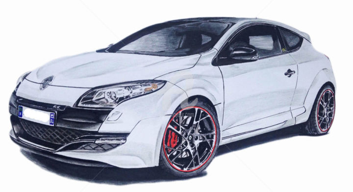 Drawing titled "Mégane RS blanche" by Dessinludo, Original Artwork, Graphite