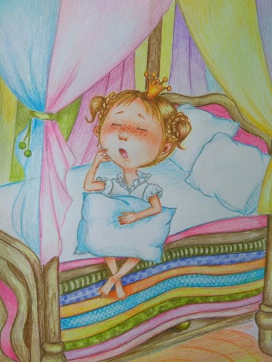 Рисунок под названием "Принцесса на гороши…" - Елена Масур, Подлинное произведение искусства, Цветные карандаши