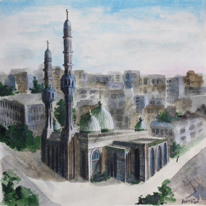 Malerei mit dem Titel "Al Nour Mosque" von Elena Minkova, Original-Kunstwerk, Aquarell Auf Karton montiert