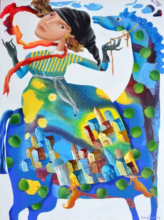 Painting titled "Blue horse of happi…" by Yelena Revis, Original Art, Acrylic Mounted on Stretcher frame