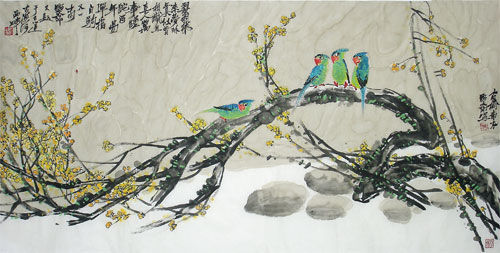 Painting titled "《腊梅鹦鹉》" by Ye Liu, Original Artwork, Oil