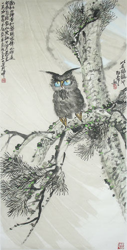 Painting titled "《松树猫头鹰》" by Ye Liu, Original Artwork, Oil