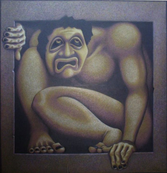 Painting titled "Man in a box" by Leigh Donovan, Original Artwork, Oil