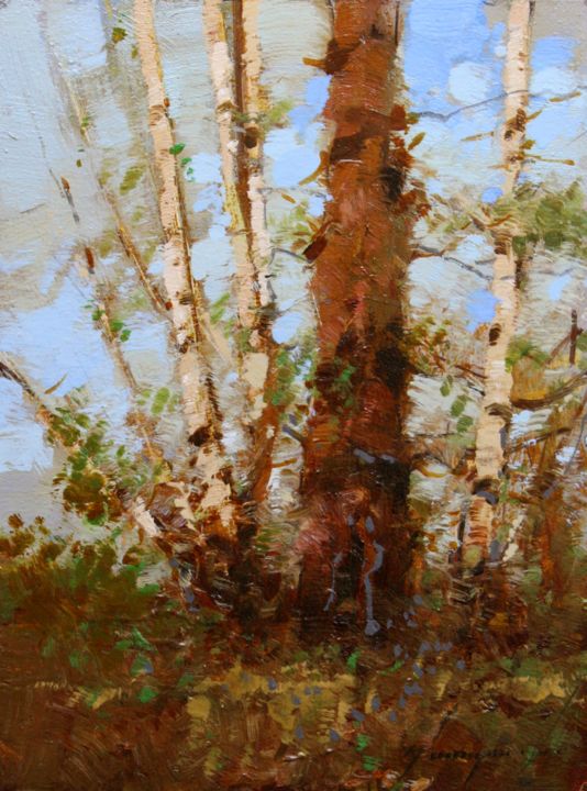 Malarstwo zatytułowany „Birches Landscape o…” autorstwa Yeremy Vy, Oryginalna praca, Olej