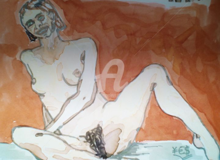Drawing titled "nue sur fond orange" by Yes, Original Artwork, Ink