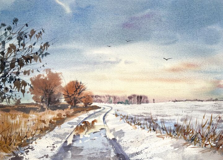 Painting titled "Winter field-ORIGIN…" by Evgeniia Salamatina, Original Artwork, Watercolor