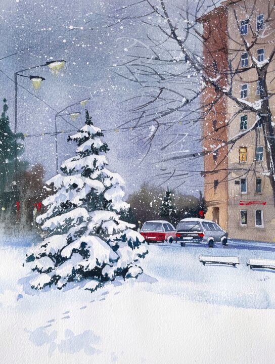 Painting titled "Winter city-ORIGINA…" by Evgeniia Salamatina, Original Artwork, Watercolor