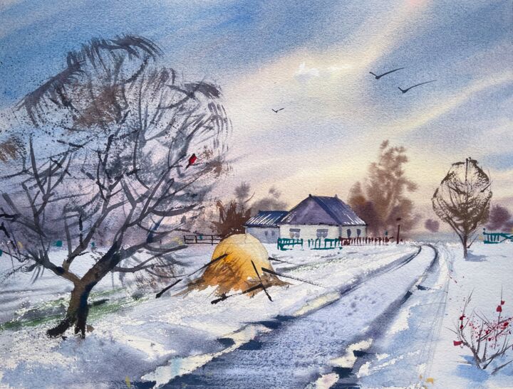 Painting titled "Winter village-ORIG…" by Evgeniia Salamatina, Original Artwork, Watercolor