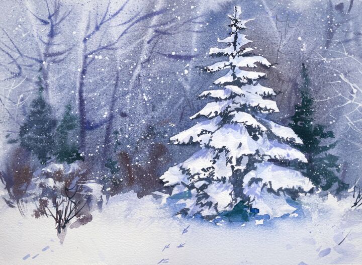 Painting titled "Winter forest -ORIG…" by Evgeniia Salamatina, Original Artwork, Watercolor