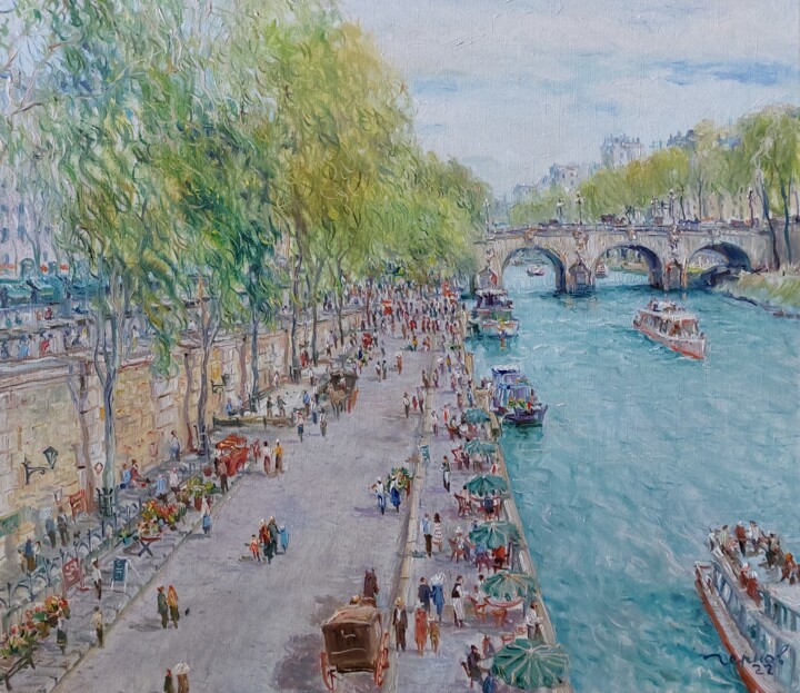Painting titled "Seine embankment" by Yevhenii Chernov, Original Artwork, Oil Mounted on Wood Stretcher frame