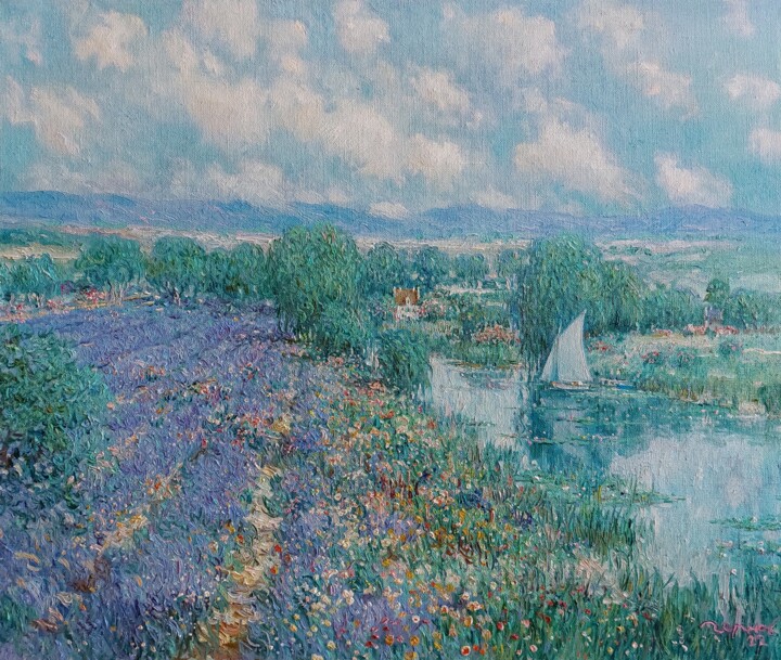 Pittura intitolato "Lavender Field, Pro…" da Yevhenii Chernov, Opera d'arte originale, Olio Montato su Telaio per barella in…