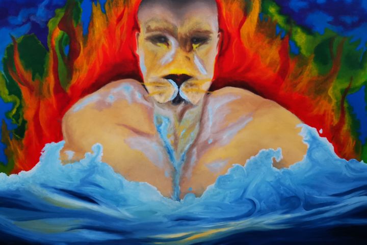 Painting titled "Lion Man" by Yeyaiel, Original Artwork, Oil Mounted on Wood Stretcher frame