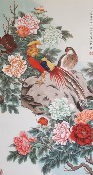 "Tree peony with Gol…" başlıklı Resim Ching tarafından, Orijinal sanat, Mürekkep