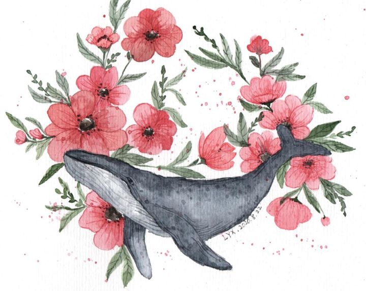 Peinture intitulée "Whale and flowers" par Yixuan Li Tetart, Œuvre d'art originale, Aquarelle