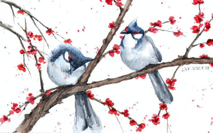 Peinture intitulée "Deux oiseaux" par Yixuan Li Tetart, Œuvre d'art originale, Aquarelle