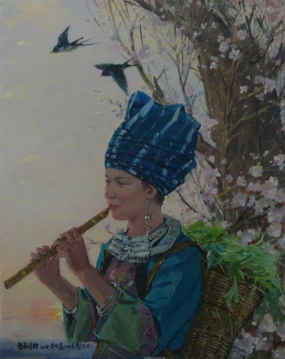 Painting titled "《梨花曲》" by 亦農 鄧, Original Artwork, Oil