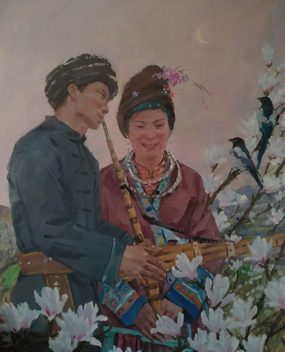 Painting titled "《月下籚笙》" by Yi Nong Deng, Original Artwork, Oil