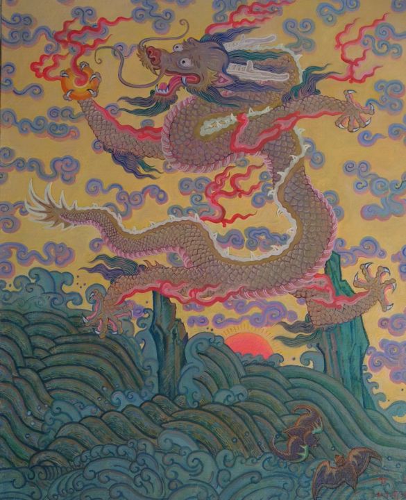 Painting titled "《亢龍得水》" by 亦農 鄧, Original Artwork, Oil