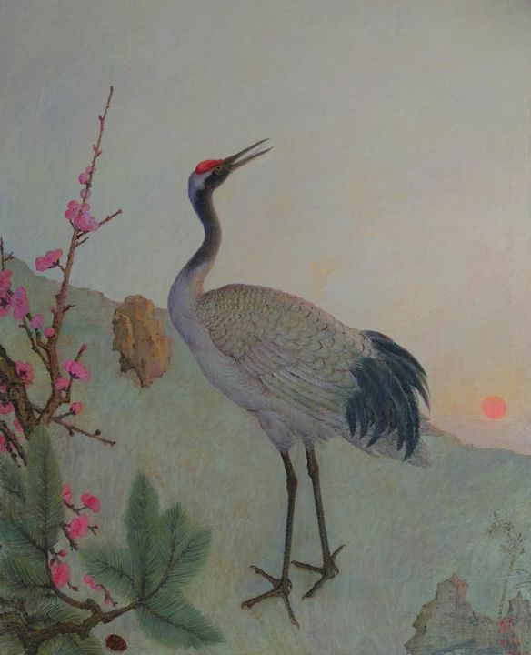 Painting titled "《瑞鶴望日》" by 亦農 鄧, Original Artwork, Oil