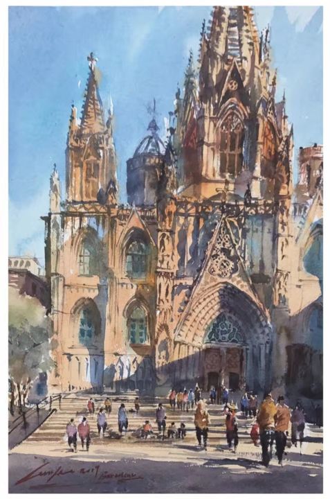 Pintura titulada "Iglesia de Barcelon…" por Yile Lin, Obra de arte original, Acuarela