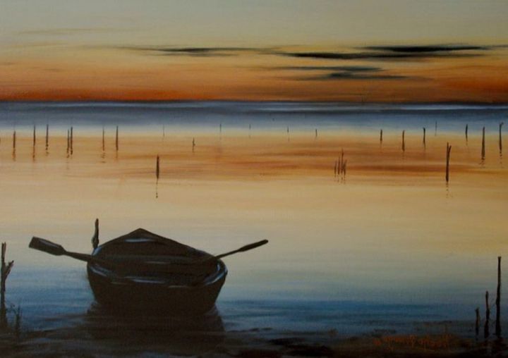 Painting titled "Boat in the Lake" by Yitzy Rosengarten, Original Art, Acrylic