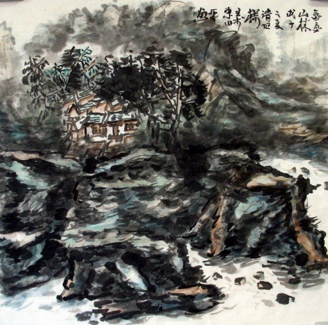 Pintura titulada "牯牛寨小景" por Liu Ya Zi Yi Zhu Gong Zuo Shi, Obra de arte original, Oleo