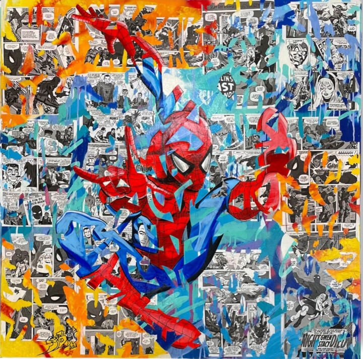 Painting titled "SpiderMan" by Yoann Bonneville, Original Artwork, Acrylic Mounted on Wood Stretcher frame