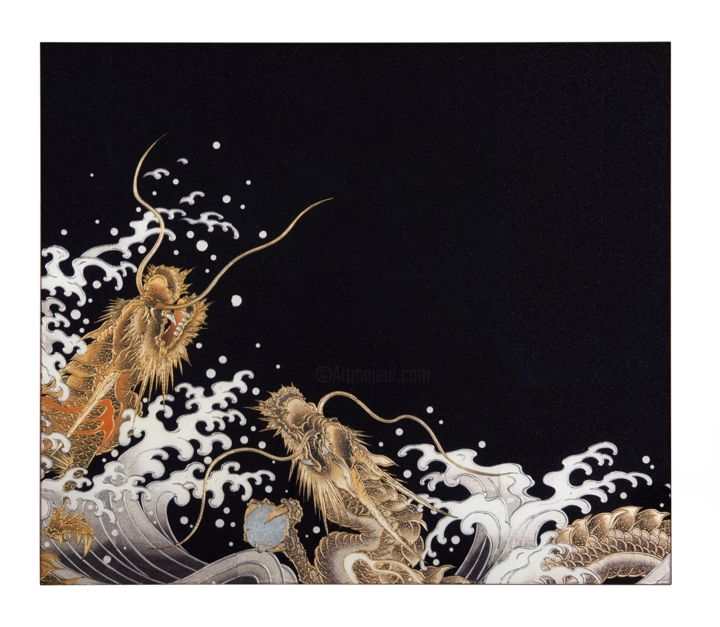 Escultura intitulada "Twin Dragons and Wa…" por Mitsuyasu Yokota, Obras de arte originais, Vidro