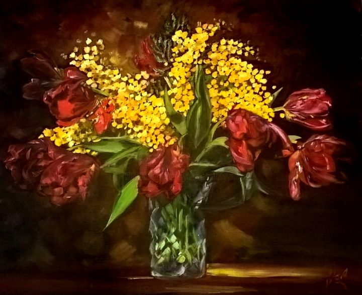 Pintura intitulada "bouquet mimosas et…" por Yola, Obras de arte originais, Óleo
