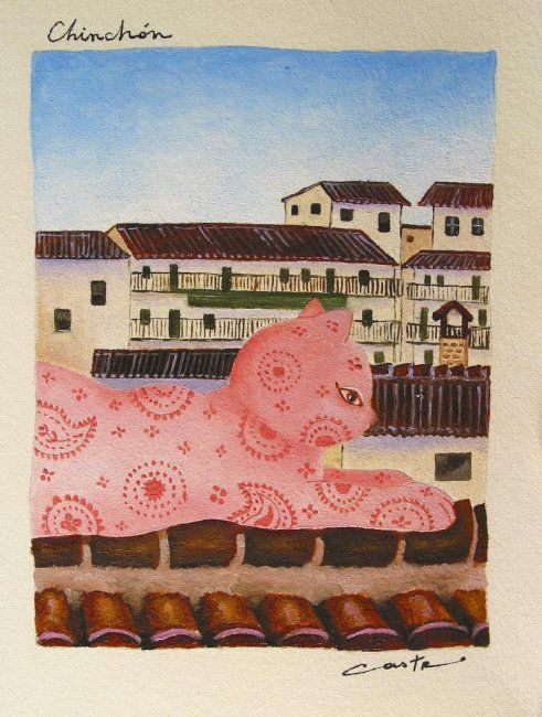 Painting titled "Gatos en Chinchón" by Yolanda Castro Contreras, Original Artwork