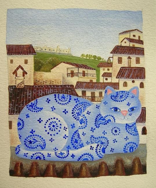 Painting titled "Gatos en Chinchón" by Yolanda Castro Contreras, Original Artwork