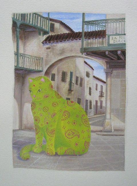 Ζωγραφική με τίτλο "Gatos en Chinchón" από Yolanda Castro Contreras, Αυθεντικά έργα τέχνης