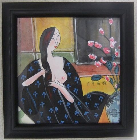 Peinture intitulée "dame en kimono" par Yong Jian Zheng, Œuvre d'art originale