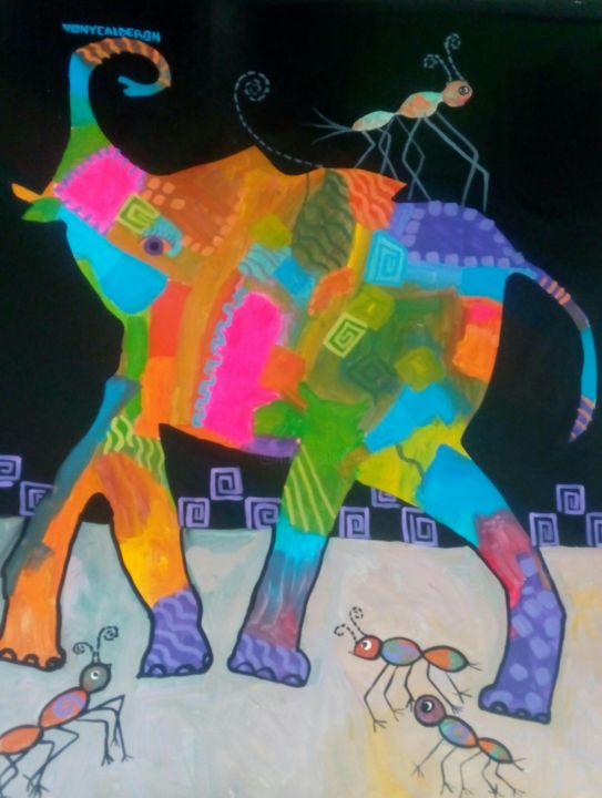 Pittura intitolato "elefante hormiga" da Yony Calderon, Opera d'arte originale