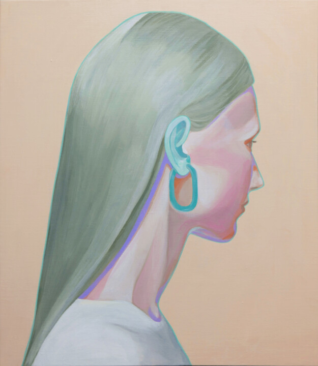 Malerei mit dem Titel "Girl with a blue Ea…" von Young Park, Original-Kunstwerk, Acryl