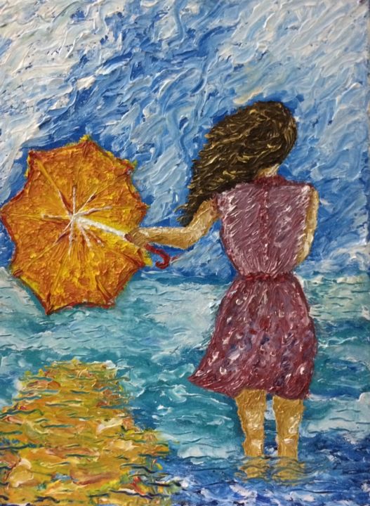 Painting titled "The Umbrella Girl" by Young Clouds, Original Artwork, Oil