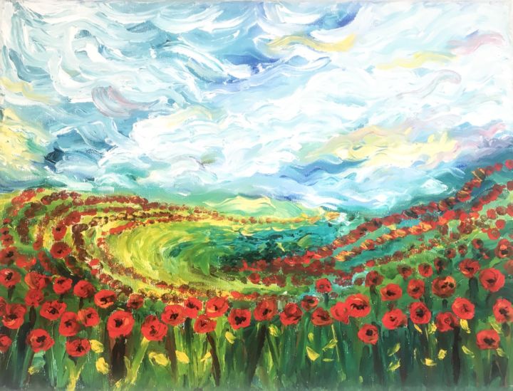 Картина под названием "Rolling Hills" - Young Clouds, Подлинное произведение искусства, Масло