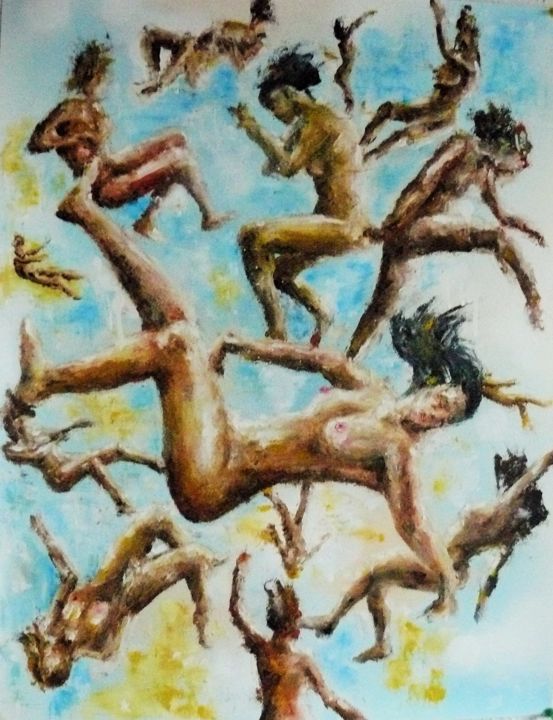 Painting titled "La chute" by Yugi, Original Artwork, Oil